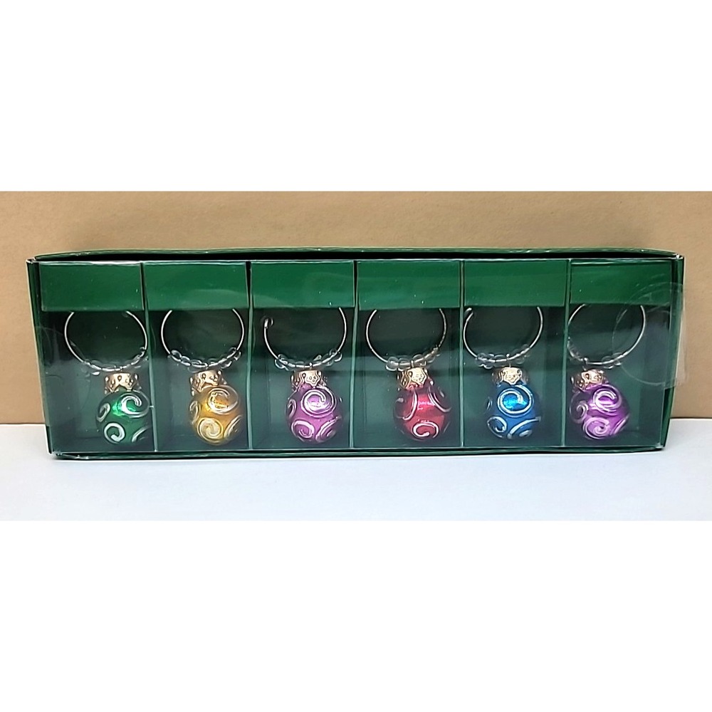 Set of 6 Boston Warehouse Christmas Ball Ornaments Wine Glass Markers/Charms
